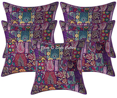 Stylo Culture Boho Forros De Cojines Decorativa 60x60 cm Algodón Abstracto Fundas Almohadones Sofa Morado 24x24 Inch Patchwork Vintage Cuadrado sobre Fundas De Almohadones para Cama - 5 Pcs