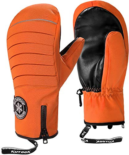 KUTOOK Ski Gloves Mens Snowboard Snow Mittens Skiing Warm Waterproof Thermal Leather Winter Gloves for Men Women Orange XS