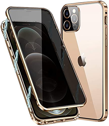 Hkess Anti-Peep Magnetische Adsorptions-Schutzhülle für iPhone 12 Mini, Anti-Spion-Schutzhülle, Anti-Spion, Metall, Bumper, Rahmen, doppelseitige Privatsphäre, Hartglas, Flip-Schutzhülle, goldfarben