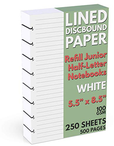Discbound Half-Letter Size Lined Paper Refill, 250 Sheets (500 Pages), 5.5 in. x 8.5 in., 100 GSM, Junior Size 8 Disc Notebooks
