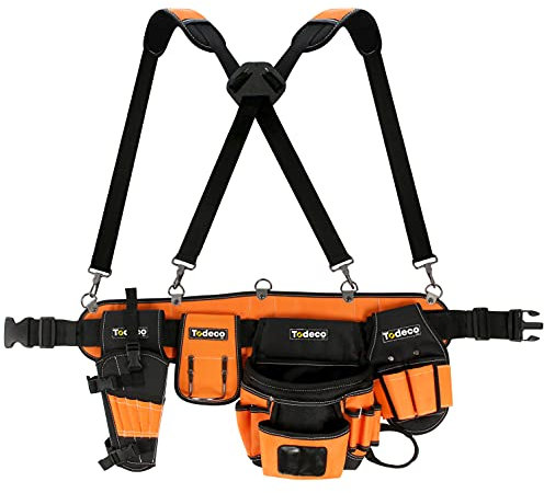 Todeco Werkzeuggürtel Herren, Arbeitsgürtel mit Hosenträgergurt, Werkzeugtasche mit verstellbarem Gürtel, Gürteltasche mit Magnet für Handwerker Tischler