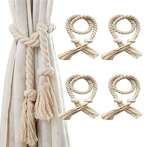 YPLonon Raffhalter Vorhang Seil 4 Stück Boho Vorhanggurte Grau Baumwolle Vorhang Seil 100CM Raffhalter für Vorhänge Handgestrickte Gardinenband für Haus Office Dekoration