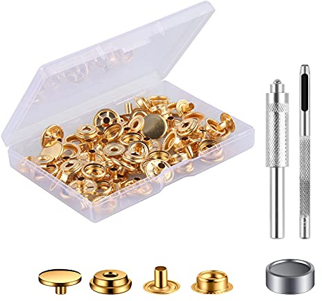 MSDADA 10 Sätze Druckknöpfe Set, Golden Button Werkzeug Metall Fastener Druckknopf Schraubbar Edelstahl Muttern und Bolzen Set für Kleidung Leder Handwerk Jacke Brieftasche Handtasche(40 Stück)
