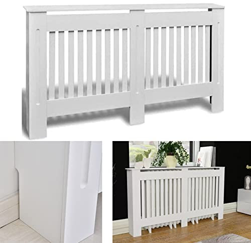 Large Living Room Cabinets Radiator Cover, Modern Design White Painted Vertical Slatted MDF Heating Cover, Home Furniture Radiator Protection Shelve for Living Room Bedroom Hallway 152cm