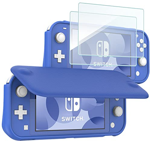 ProCase Vikbart skyddsfodral + (2 stycken) pansarglas för Nintendo Switch Lite 2019, mjukt tunt TPU stötsäkert skal + 2 härdat glas bubbelfria skärmskydd i härdat glas, blå, Default, nintendo switch tillbehör