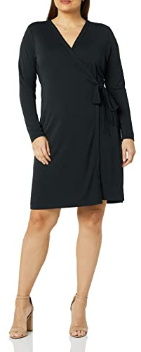Amazon Essentials Robe Portefeuille Modèle Signature À Manches Longues Femme, Noir, XS