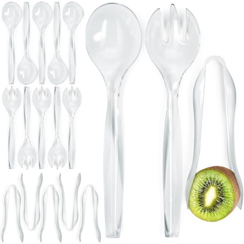 Disposable Plastic Serving Utensils - Set of 18 Clear Buffet Serving Utensils, 6 Each 6 Tongs, 10” Spoons, 10” Forks