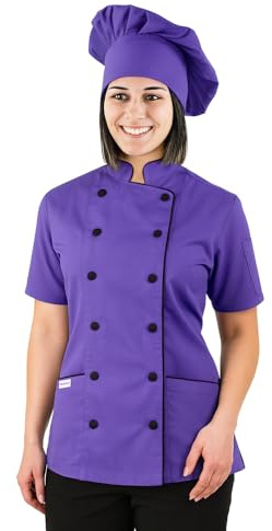 Uniformates Giacca da Cuoco a Maniche Corte da Donna e Divisa da Chef per Maestri e Pizzaioli Con Cappello (X-Large, Porpora)