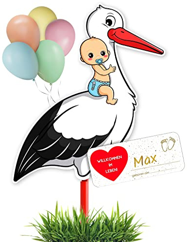GLÜCKSGUT® Klapperstorch Baby Blau, 100 cm | 5-teiliges Set | Geburtsstorch inkl. Holzstab + Namensschild + Grußkarte + Stift | Storch Geburt für Draussen & Drinnen | Geburtsgeschenk