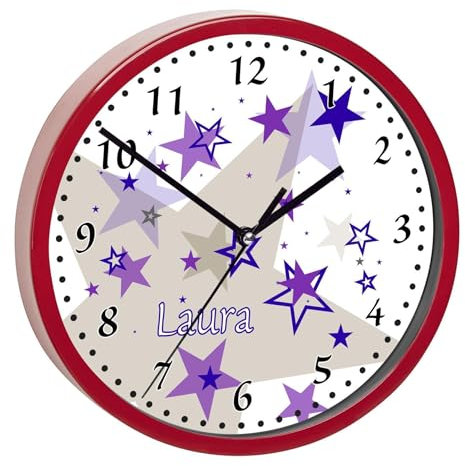 CreaDesign, Wanduhr Kinder personalisiert mit Name, Motiv Sterne lila grau, Rahmen Wanduhr rot, Ø 19,5 cm
