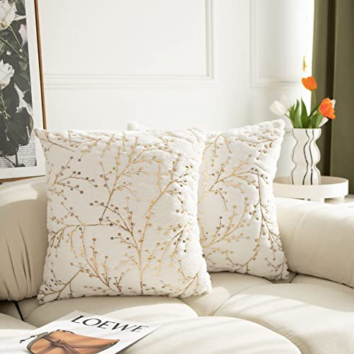 LIGICKY Set of 2 Fluffy White Faux Fur Pillow Covers with Gold Branches Glitter Printed Throw Pillows Decorative Soft Furry Sparkling Square Cushion Cases for Sofa Bedroom Party Décor, 16 x 16 inch