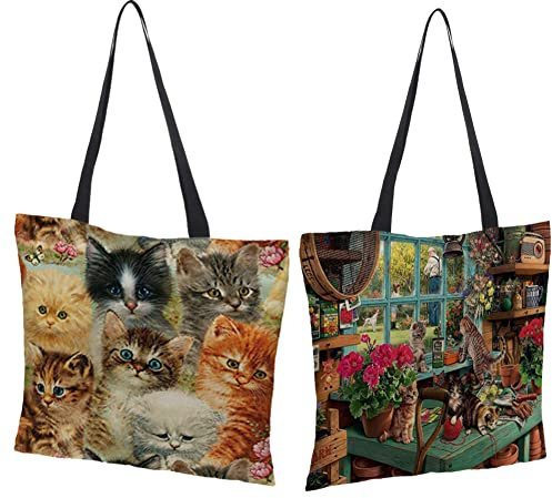 crazy bean 2 StüCk Stoffbeutel Bedruckt,Wiederverwendbare Einkaufstasche Katzenmuster-Design Leinen Tasche Hohe KapazitäT Perfekt Als Einkaufstasche 43x43cm(E)