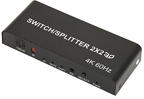 Annadue HDMI 2 in 2 Out, HDMI Splitter 4Kx2K@60Hz/3D/HDR HDMI Splitter 2x2 mit Fernbedienung, Unterstützt 3,5 Mm L/R Toslink Ausgang, für für für DVD