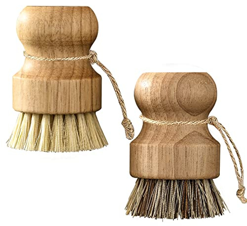 Rengöringsskrubb för kök för tvätt av gjutjärnspanna/kruka, köksrengöring, set med 2, tillverkad med sisal + kokosnötspalmborst och trähandtag