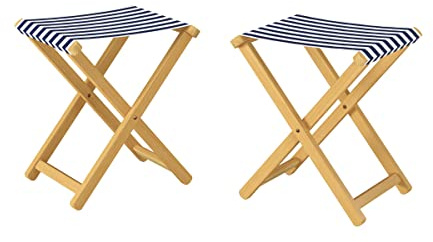 Erst-Holz Tabouret de Jardin Pliable, Bois hêtre Naturel avec Tissu Bleu et Blanc V-10-216N-17