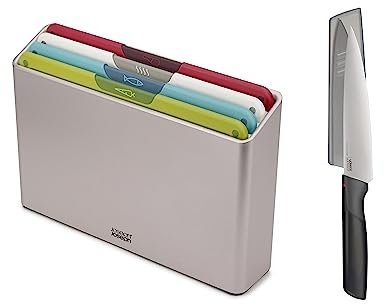 Joseph Joseph Folio Icon, 4-Piece Colour coded Chopping Board Set, Slimline Case for Organised Kitchen Storage with Chef's Knife- Regular, White