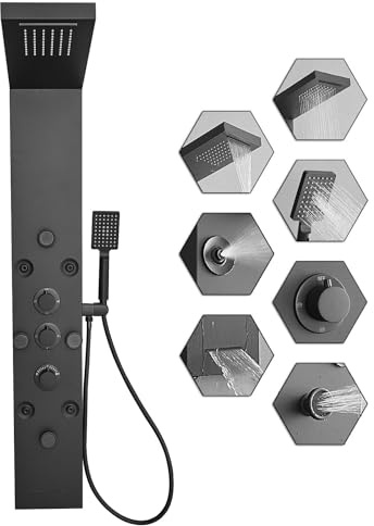 Bathfinesse Shower Massage Panel Black 6 IN 1 Multifunction Rainfall Waterfall Body Spray Jets Shower Tower System with Handheld Wand Stainless Steel Wall Mount Shower Column