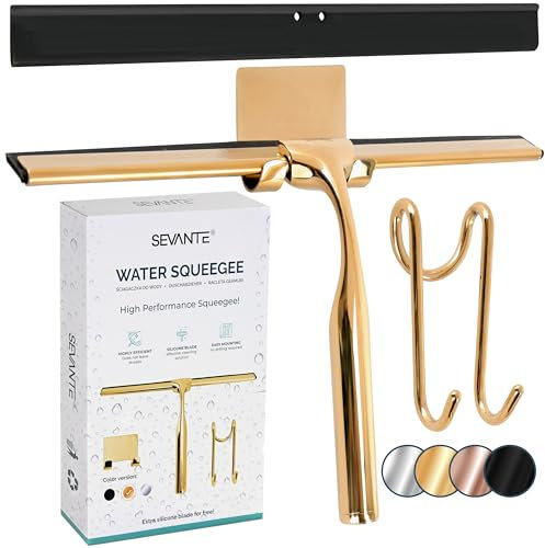 SEVANTE Limpiacristales de ducha de 24,5 cm, metal para ventanas, accesorios de baño, extractor de ducha con soporte, para ducha, cristal y espejo, color dorado