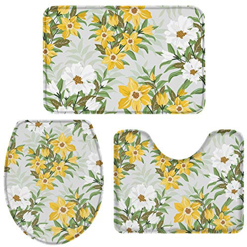 Badteppich-Set 3-Teilig Weiße Und Gelbe Blumen Mit Grünen Blättern, Frühlingsblume Badezimmer Vorleger 3-Teiliges Waschbar Wc Vorleger Set 3 Teilig Weiches Badvorleger Toilettensitz Dreiteiliges