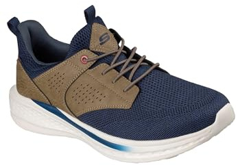 Skechers USA Men's Men's Slade-Breyer 210892 Knitted Mesh Bungee Lace W/Quarter Cage Slip On, Navy/Tan, 14