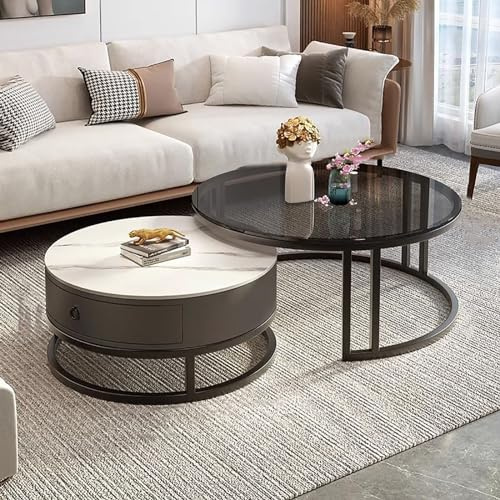 HaoJieHan Couchtisch, Runder Beistelltisch 2Er-Set, Satztisch Mit Goldenem Metallrahmen, Tischplatte Aus Klarem Glas, Beistelltische Für Wohnzimmer, Schlafzimmer, Büro, Wohnung D,(70x45)+(50x40) cm