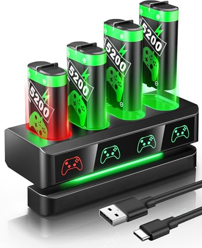 Honghao Rechargeable Battery Pack for XboxOne/XboxSeries X|S: 4 x 5200mWh Batteries for Xboxs, Controller Battery Pack Accessories with Controller Charger for XboxOne S|X/Elite (Black)