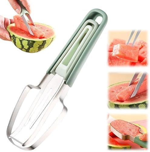 5 piezas de herramientas para comer sandía, rebanador de sandía, herramienta para cortar melón tres en uno, cuchillo para cortar tenedor de fruta, cortador de fruta multifuncional