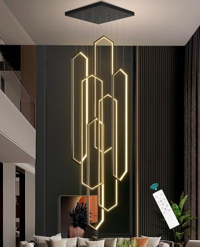 LYSDjia Kronleuchter Moderne Wohnzimmerleuchte Aluminium 6 Ring LED Schwarz Große Treppenleuchte Dimmbare Hohe Deckenbeleuchtung Mit Fernbedienung Geeignet Für Kücheninsellicht Villa Hall Pendelleucht