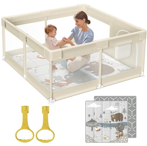 Fodoss Baby Laufgitter mit Matte, 120x120cm Laufstall Baby, mit Matratze, Atmungsaktives Netzdesign, Laufstall für die Wohnung-Beige