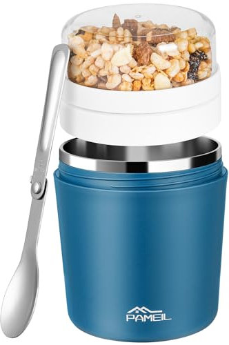 Pameil Tasse à CéRéAles, Tasse à Yaourt Portable éTanche à Paroi IntéRieure IsoléE En Acier Inoxydable De 500 Ml + 220 Ml, Tasse à CéRéAles à Emporter Avec CuillèRe AdaptéE Au Travail, à L'éCole