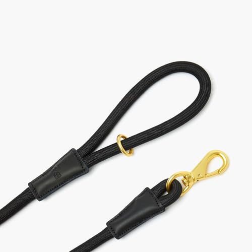 5ft Long Heavy Duty Rope Dog Lead – Strong Braided Leash for Large Dogs, Soft & Durable with Gold Metal Clip & Leather-Trimmed Handle (Black)