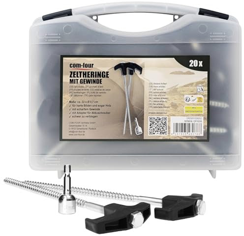 COM-FOUR® 20x picchetti per tenda in acciaio con adattatore per cacciavite a batteria - picchetti a vite in scatola per il trasporto - robusti chiodi da terra