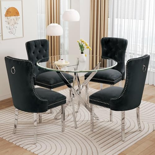 Modehodei Glass Dining Table Set for 4, 5-Piece Round Tempered Glass Kitchen Table Set with 4 Velvet Upholstered Dining Chairs for Living Room, Kitchen, Small Apartment (Silver,Black)
