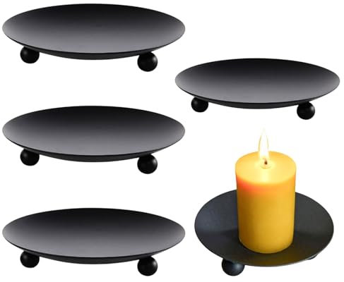 4 Stück Kerzenuntersetzer, 6.8cm Kerzenteller Schwarz Kerzenhalter Stumpenkerzen Metall Kerzenständer Rund Kerzenplatte Stumpenkerzenhalter für Hochzeit Weihnachten Party Bankett Gebet Tischdekoration
