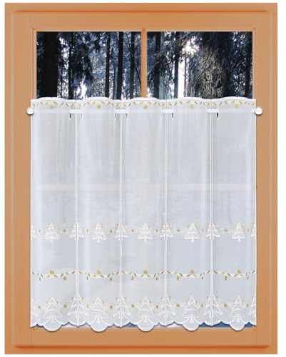 Scheibengardine Winterwald unterm Sternenzelt Vogtländische Spitze modern | Winter-Scheibenhänger mit Stickereien in weiß-gold | hochwertige Weihnachts-Dekoration | verschiedene Größen 60 x 80 cm