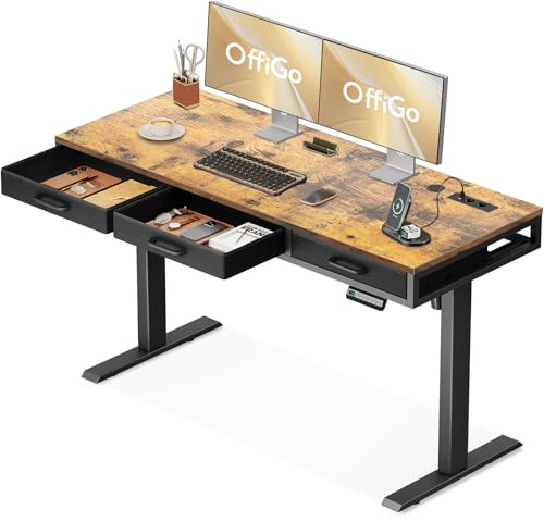OffiGo Schreibtisch Höhenverstellbarer mit Schubladen, 140cm Höhenverstellbarer Schreibtisch, Bruan Elektrischer Tisch höhenverstellbar für Heimbüro