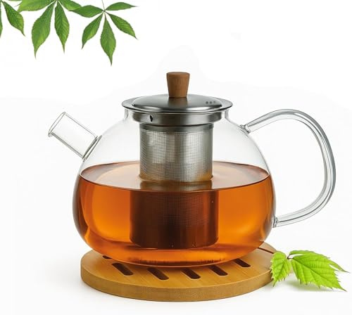 Teekanne aus Glas mit Edelstahl-Sieb Unterteller Dobin – 1,5 Liter – Borosilikatglas & Bambus Unterteller – Tropffrei, Hitzebeständig, Spülmaschinenfest (Teekanne)