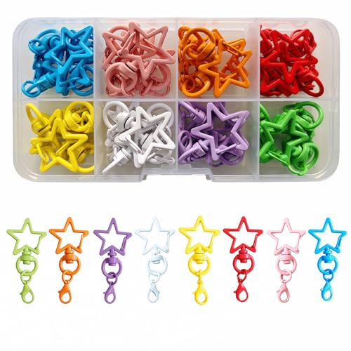 Fubuuf Fermoirs Mousquetons Lot de 32 Porte-clés Rotatif Étoile Colorés en Alliage de Zinc avec Boîte de Rangement Transparente,8 Couleurs Attache Porte Clé pour Clés,Bricolage,Accessoires Créatifs