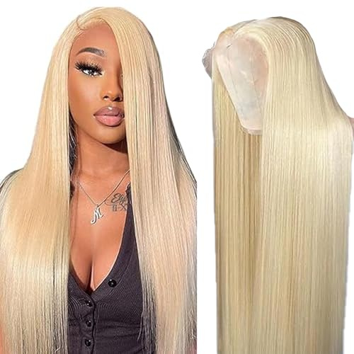 Hxxcoup Human Hair Wig Straight 13x4 Lace Front #613 Blonde Echthaar Perücke Perücke Damen Glueless Wear and Go Blenched Knots with Baby Hair for Woman Minimal Smell 24 Zoll