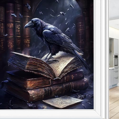 Vintage Mystery Crow Buntglas-Fensterfolie, Fantasy-Buch, Vögel, Horror, dekorative Milchglas-Sichtschutzfolie, Wärmeregulierung, statische Haftung, Fensteraufkleber, 60 x 90 cm