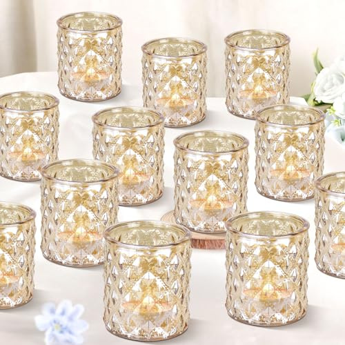 12 Pcs Gold Glass Tea Light Holder, Votive Candle Holders Bulk, 8 x 7 cm Vintage Glass Tealight Holders for Table Centerpiece Wedding Birthday Party Easter Home Decor