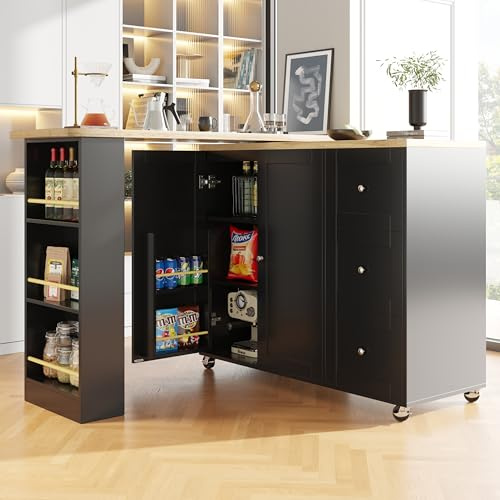 Ausziehbarer Bartisch mit Stauraum 135-203 x 39 x 106 cm, Kücheninsel mit Arbeitsplatte und drei Schubladen, mehreren Ablageflächen, Küchenwagen mit Rollen, für Küche, Wohnzimmer, Esszimmer (Schwarz)