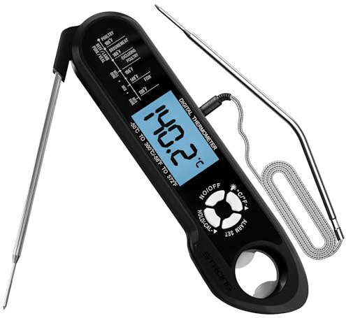 MEGAROOM Digital Meat Thermometer with Dual Probes, Instant Read Food Thermometer, Backlight LCD Screen, Waterproof, Magnetic, Temperature Alarm for Cooking, BBQ, Kitchen, and Home Essentials (Black)