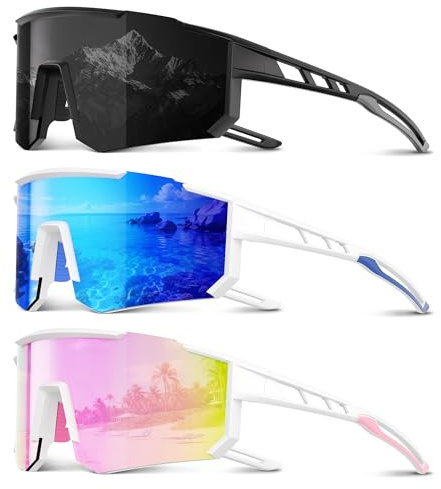 Foliful 3 Pack Polarized Sports Sunglasses Men Women, Running Mens Sunglasses UV Protection for Baseball Cycling Fishing, Grey/Ice Blue/Pink