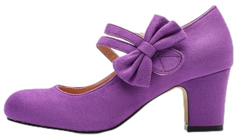 Mary Jane - Scarpe da donna con fiocco e tacco, stile retrò, vintage, in finta pelle scamosciata, chiuse, rotonde, per ufficio, comode scarpe da sposa