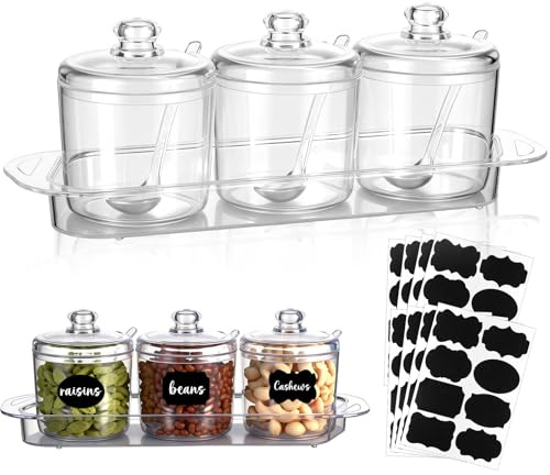 LemonRoad Set of 3 Clear Acrylic Sugar Bowl with Lid and Spoon for Coffee Bar Accessories, 7oz Tea Sugar Coffee Containers Salt Canister Spice Jars, Kitchen Seasoning Box Condiment Pots with Labels