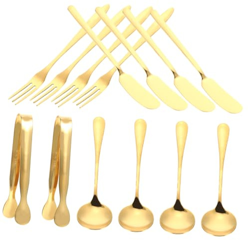 Angoily Set de Couteaux à Beurre Inox Doré Fourchette Dessert Cuillère Mini Service et Pince à Sucre Kit Multifonction pour Fromage et Pâtisserie