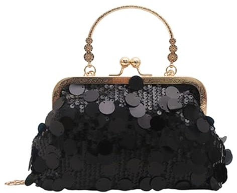 BAGSBLACK Bolso de Fiesta Negro para Mujer, Pequeño Clutch de Mano con Lentejuelas Brillantes, Cadena Dorada y Cierre Metálico Elegante, Bolso de Noche ideal para Bodas y Eventos.