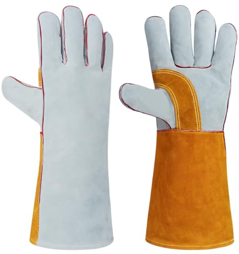 Calolin Cowhide Welding Gloves, 15.75 in Heat Resistant BBQ Gloves, Fireplace Oven Gloves, Reinforced Palm, Leather Work Gloves, Long Sleeve, Brown and Grey