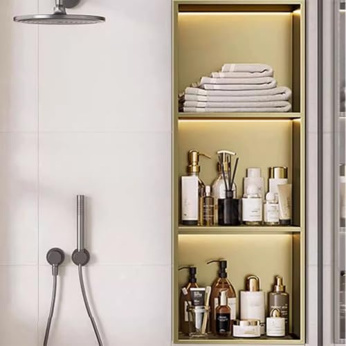 HEFJIAYCIQ Nicho Para Ducha Dorado Con Luz LED, Nicho De Pared De Acero Inoxidable Que No Necesita Azulejos, Estante Empotrado De 2 O 3 Niveles Para El Baño,3tier gold,28x12.5x90cm